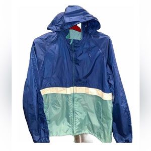 Woolrich 90s blue white striped nylon Windbreaker Jacket Stowaway HOOD men’s LRG